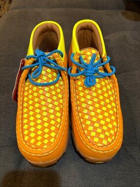 New Twisted X Boots Bright Orange Woven Lace-Up Shoes with Blue Laces, kids 5